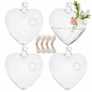 Набір підвісних скляних горщиків для гідропоніки у формі серця з джутовою мотузкою, 4 шт., Прозорий - Фото 1