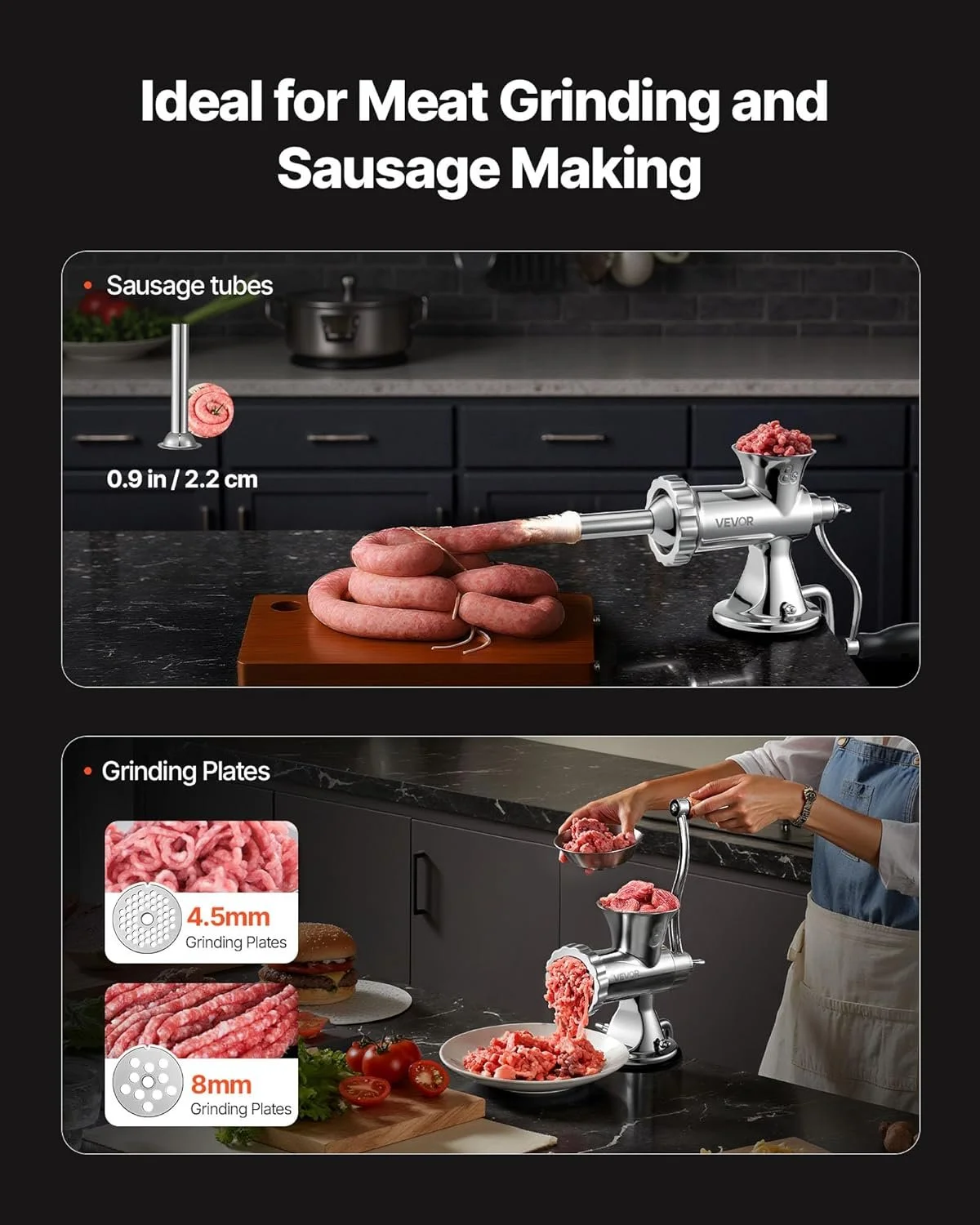 Ручна м'ясорубка VEVOR / 2 диски (5мм, 8мм) / Присоска + затиск / Серебриста, фото №5 Ручна м'ясорубка VEVOR / 2 диски (5мм, 8мм) / Присоска + затиск / Серебриста, фото №5