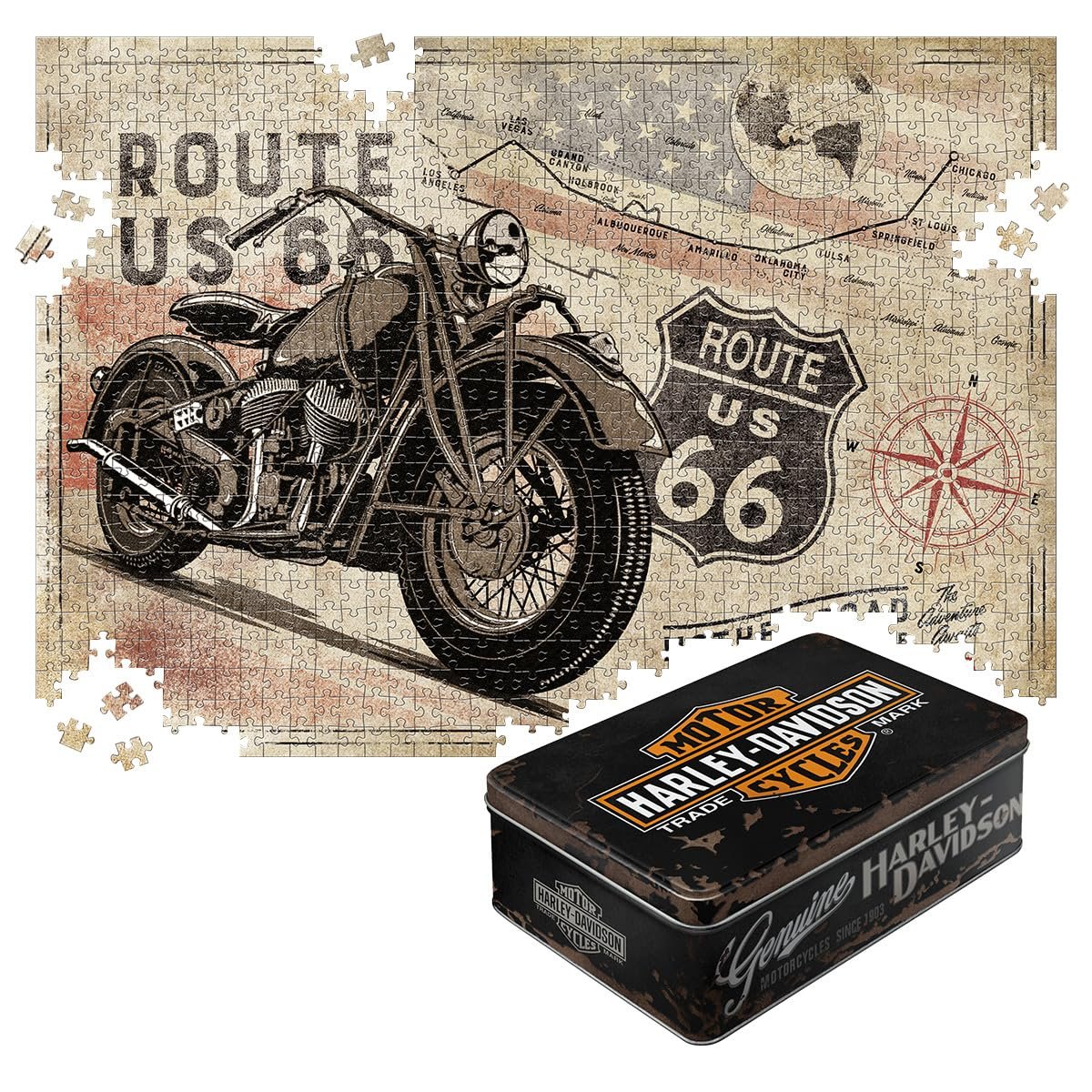 Пазл Nostalgic-Art Retro Route 66 – Bike Map H-D 1 1000 элементов в металлической коробке, фото №1