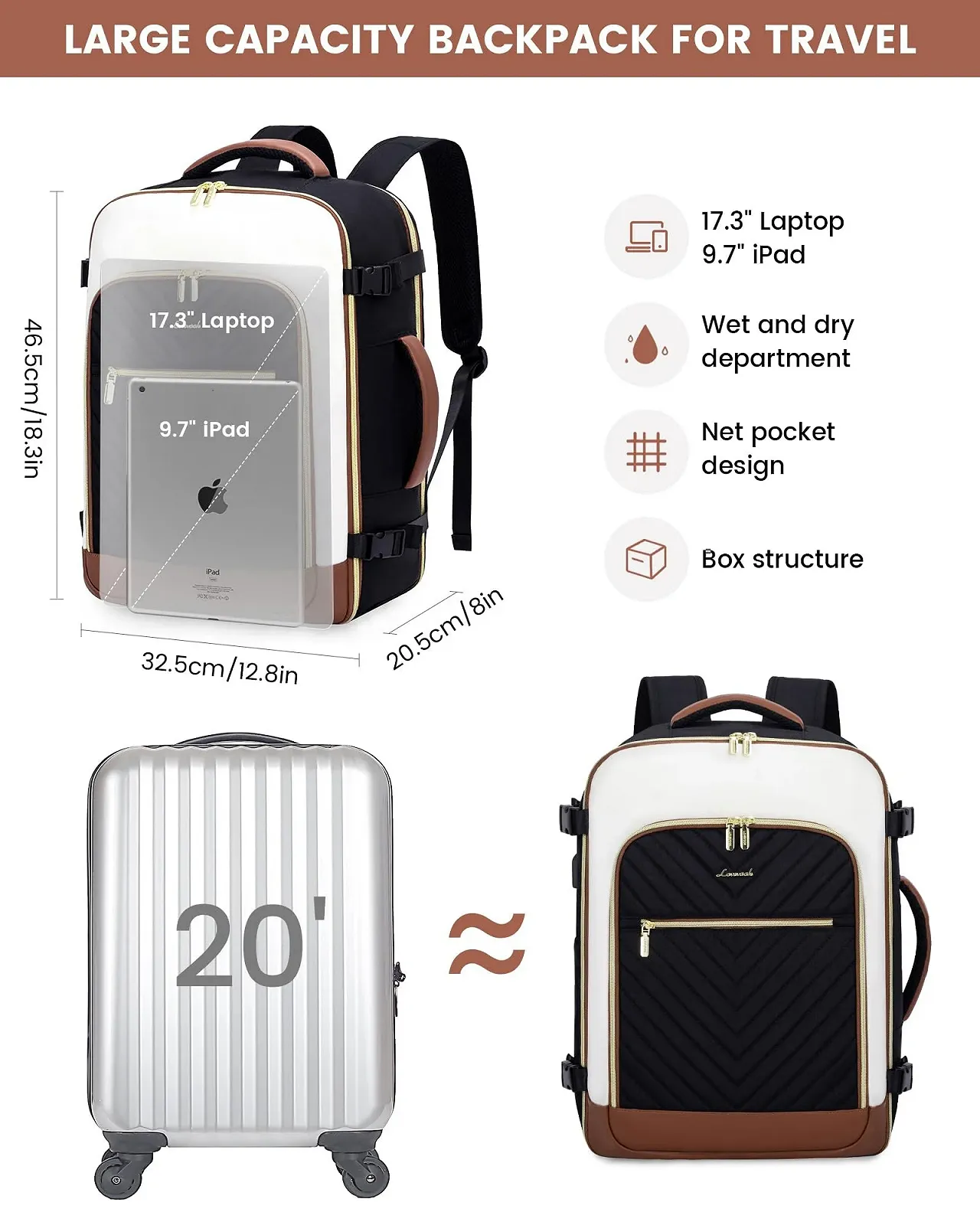 Рюкзак LOVEVOOK 40L для ручної поклажі жіночий 17.3 дюйма Black / White / Brown, фото №5