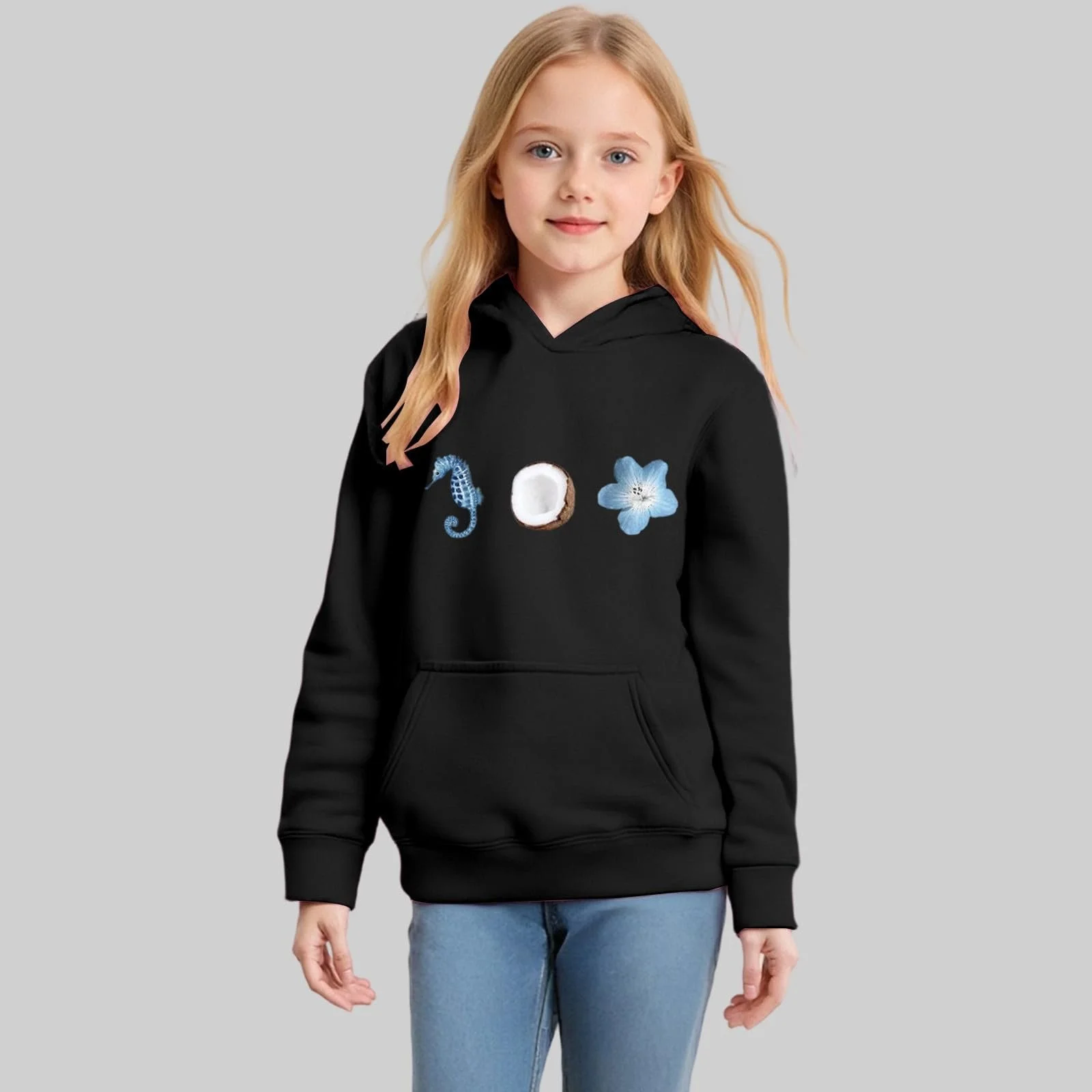 Худи для девочки с капюшоном, большой пуловер с длинными рукавами в повседневном стиле с морскими мотивами, классический стиль, размер 134, фото №3