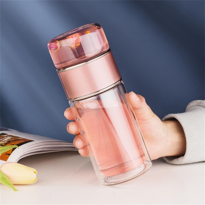 Стеклянный термос с двойными стенками для чая Infuser 280 мл розовый, фото №2