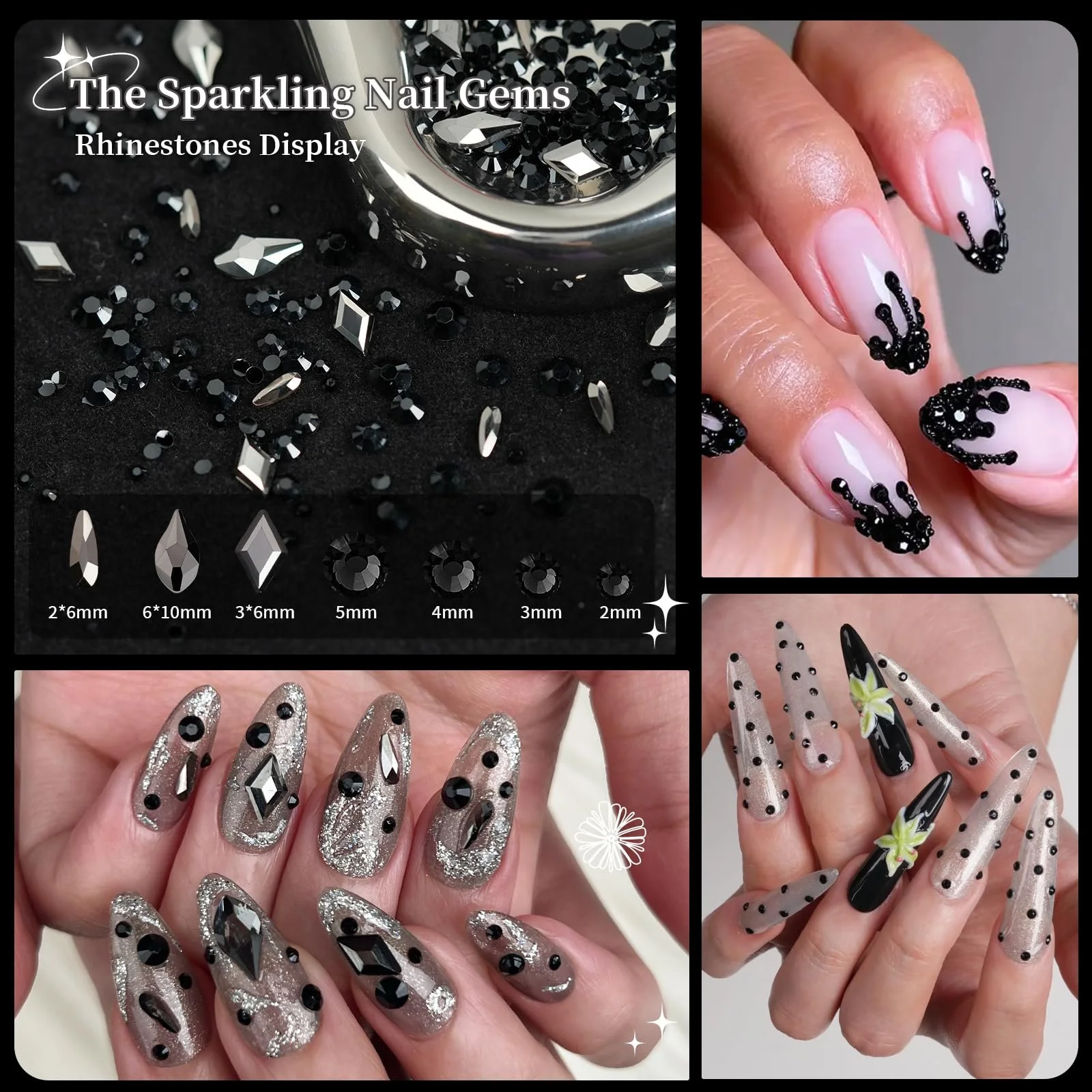 Стразы для ногтей EARLMONI, 6 коробок, для украшения ногтей, одежды, поделок, DIY (Черный), фото №5
