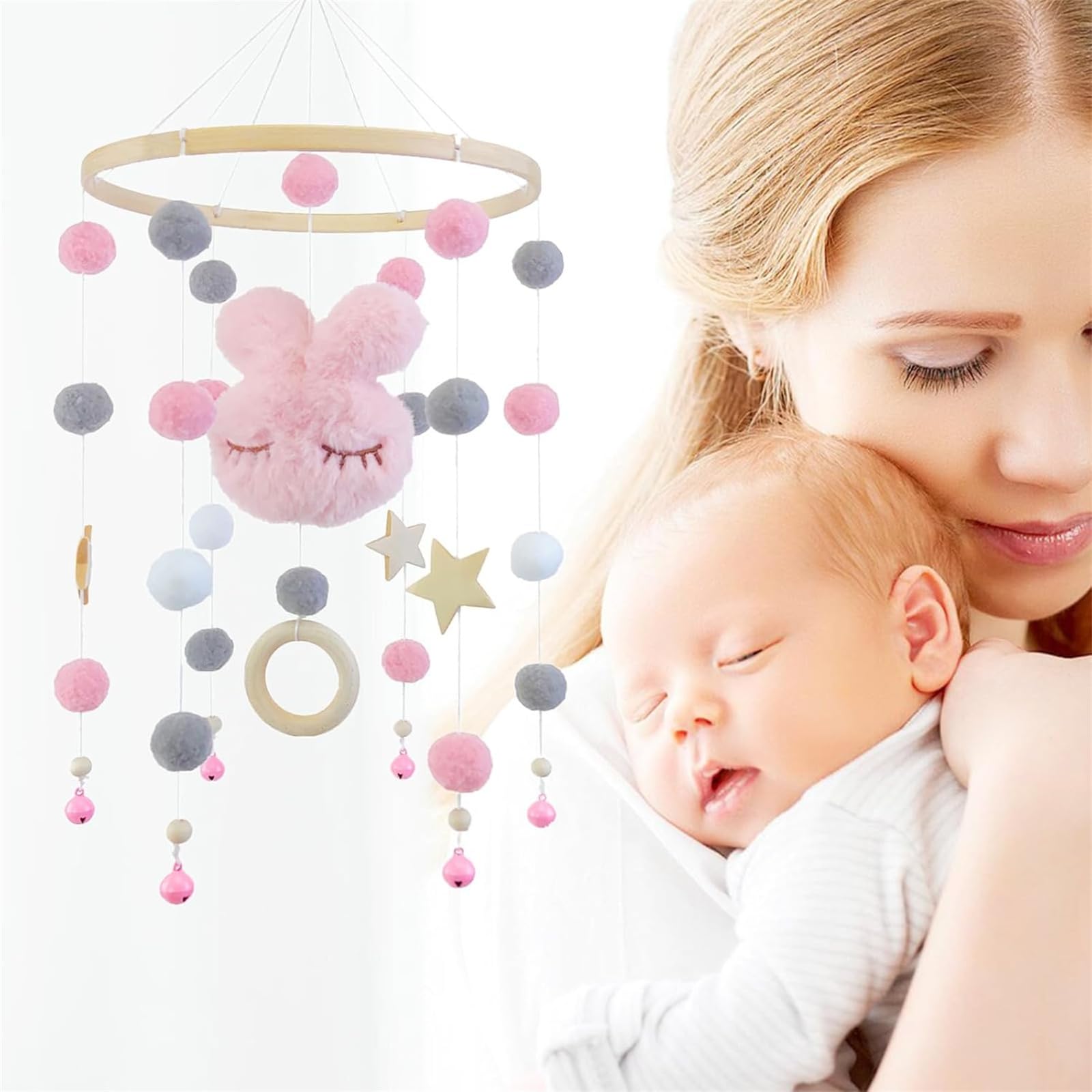 Мобиль Baby Wind Chimes Кроватный Ветряной колокольчик с фетровыми шариками Кролик Пентаграмма Кровать Колокол Ветряной колокольчик Деревянные подвески Подарок для девочек мальчиков (розовый кролик, 20 x 50 см), фото №2
