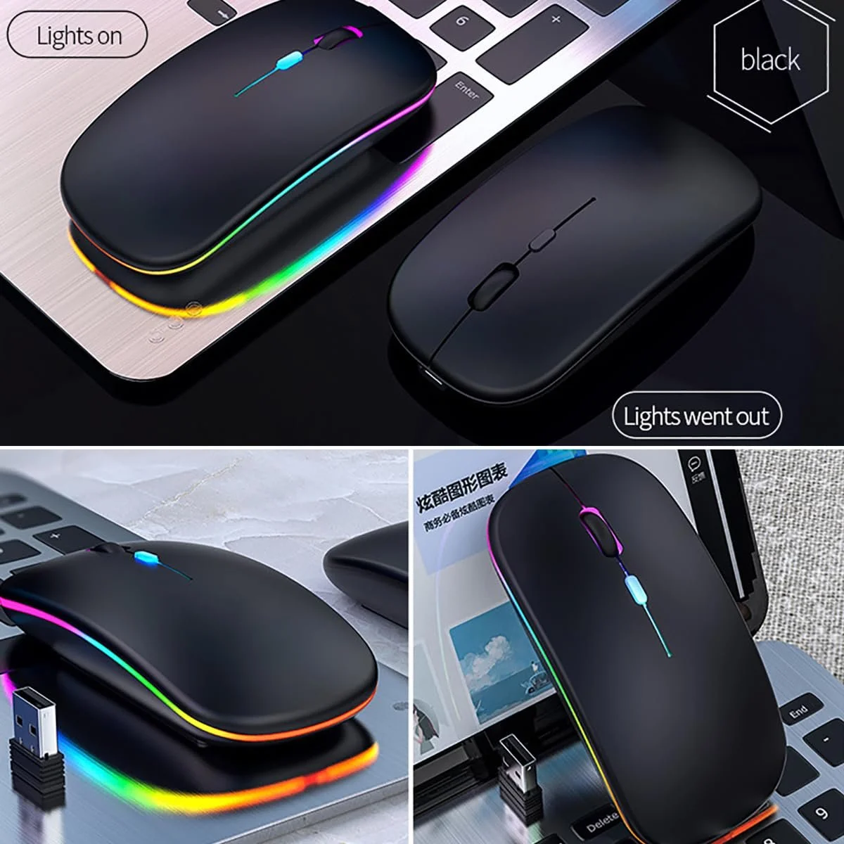 Мышь Беспроводная Bluetooth Перезаряжаемая Эргономичная 3DPI 2.4G с USB Приемником 7 Цветной Подсветкой, фото №6