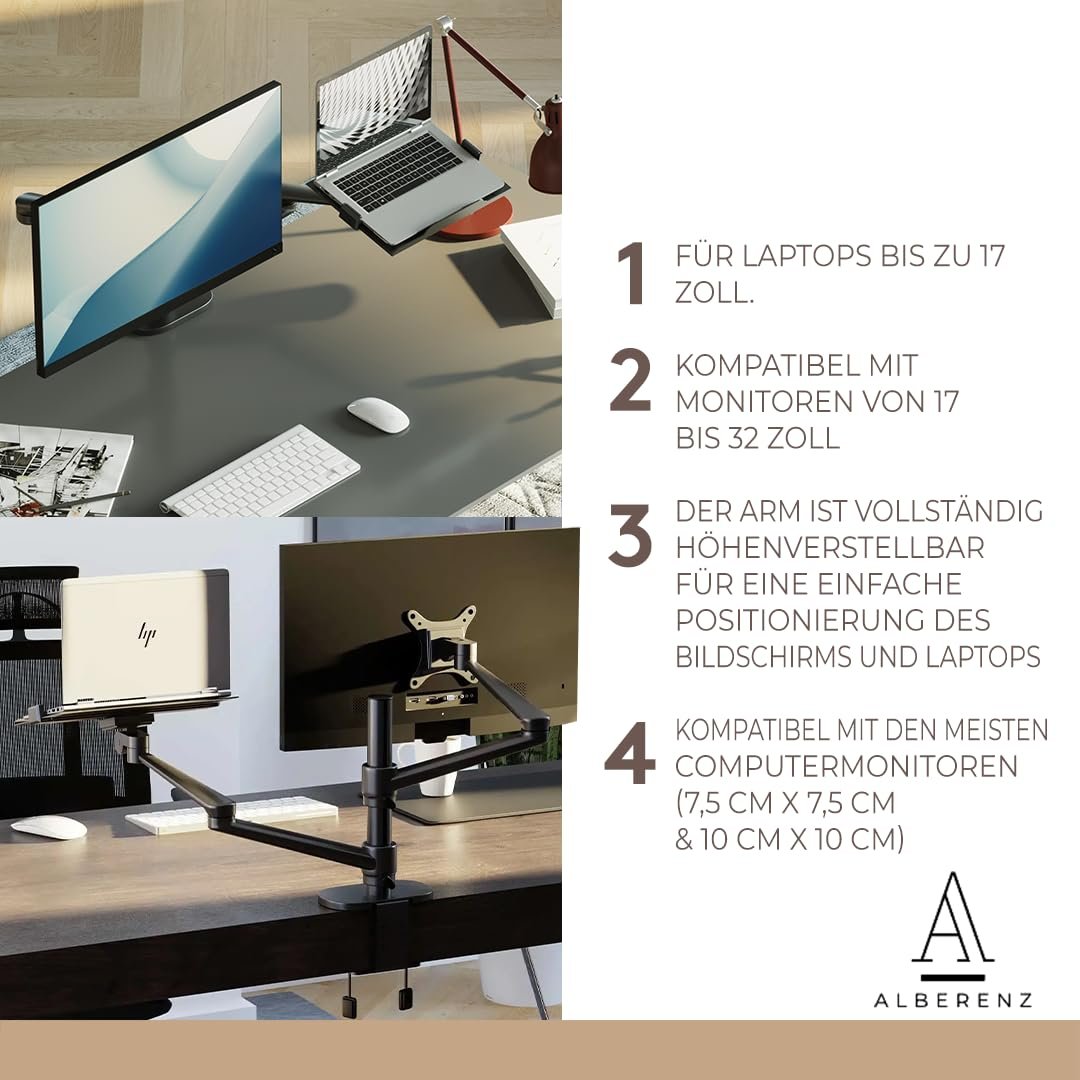 Держатель 2-в-1 для ноутбука и монитора Alberenz Регулируемый двойной кронштейн для ноутбуков 12-17 дюймов и мониторов 17-32 дюйма Эргономичный дизайн Регулируемая высота и наклон Черный, фото №5 Держатель 2-в-1 для ноутбука и монитора Alberenz Регулируемый двойной кронштейн для ноутбуков 12-17 дюймов и мониторов 17-32 дюйма Эргономичный дизайн Регулируемая высота и наклон Черный, фото №5