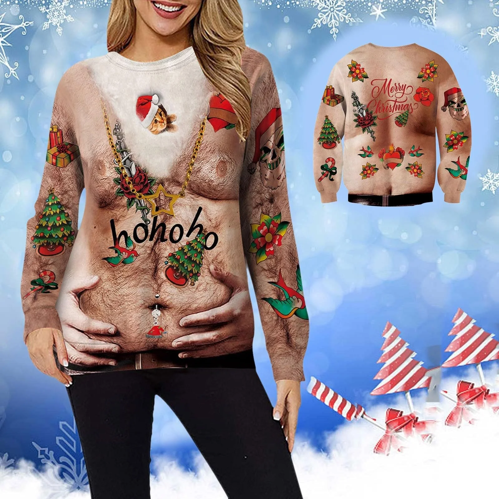 Рождественский свитшот Женский с длинными рукавами Толстовка с круглым вырезом 3D печать Рождественский свитшот Повседневный Свободный Лонгслив Свитер Топы Рождество, фото №5