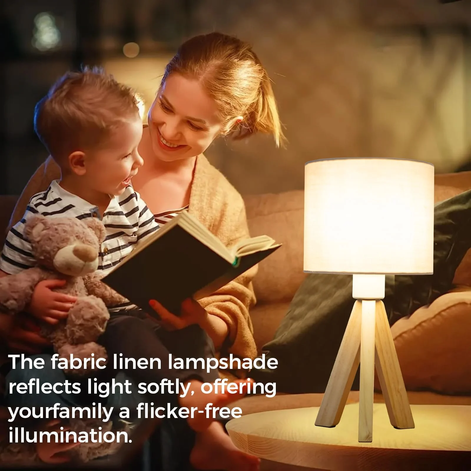 Настільна лампа Wooden Bedside Lamps вінтажна з лляним абажуром патрон E27 дизайн тринога, фото №7