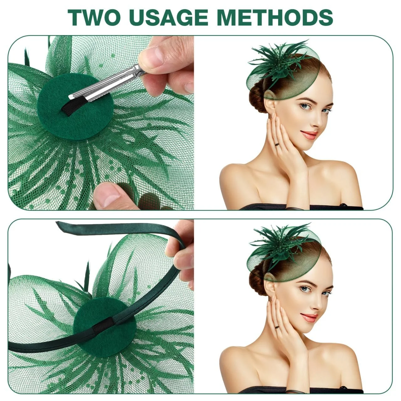 Обруч-капелюшок для вечірки ABOOFAN з сіткою та пір'ям, зелений, фото №3