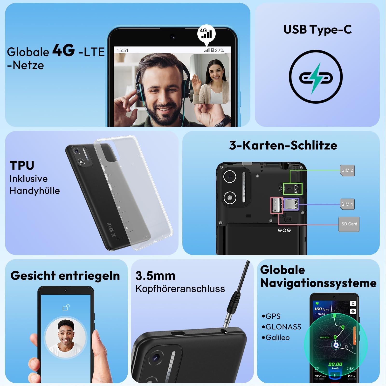Смартфон XGODY X32 5,5" 2GB + 16GB Octa-Core Android 14 Go 4G Dual SIM 8MP + 5MP 2850 мАч Face ID GPS Синий, фото №7
