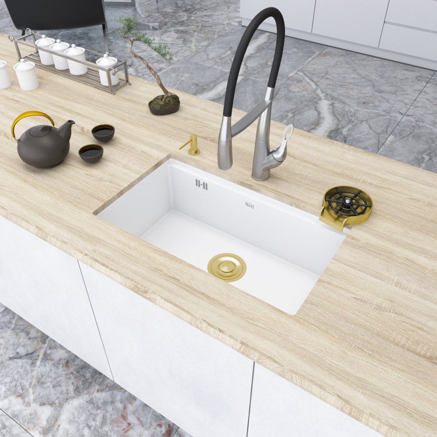 Кухонна мийка під стільницю білого кольору Nett NW-7042 із золотим сифоном, фото №1