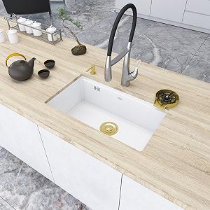 Кухонна мийка під стільницю білого кольору Nett NW-7042 із золотим сифоном - Фото 1