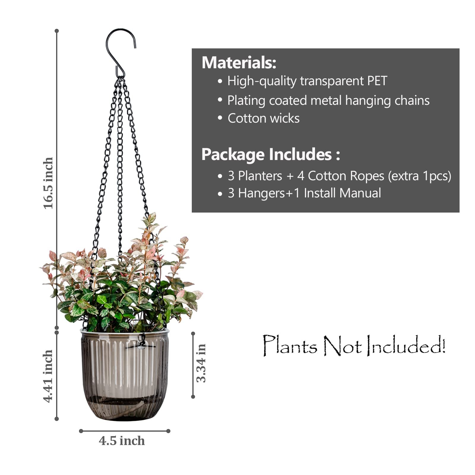 Підвісний вазон із самополивом 4,5" Набір 3 шт. з дренажними отворами, фото №6