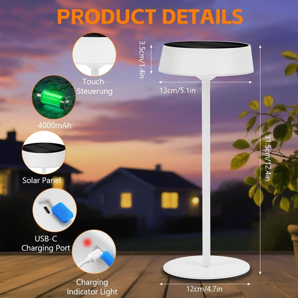 Настільна лампа HOTUT LED акумуляторна сонячна 4000 mAh IP65 3 режими Black/White, фото №6