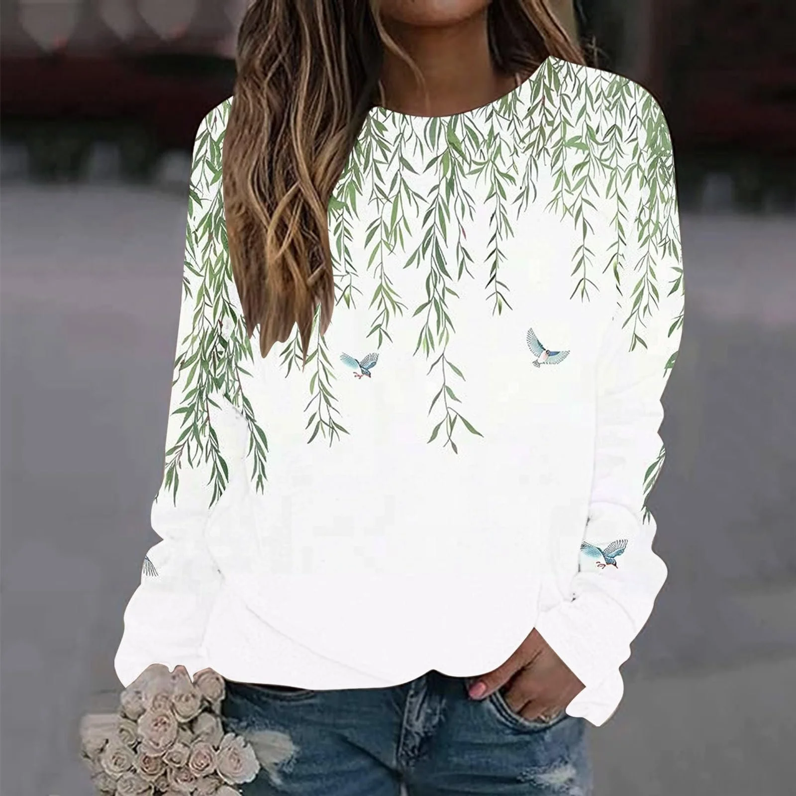 Жeнский Пуловер Komiseup Однотонный Свитшот Oversize Круглый вырез Длинный рукав Свободный Спортивный Свитшот для девушек-подростков без капюшона 19, фото №2