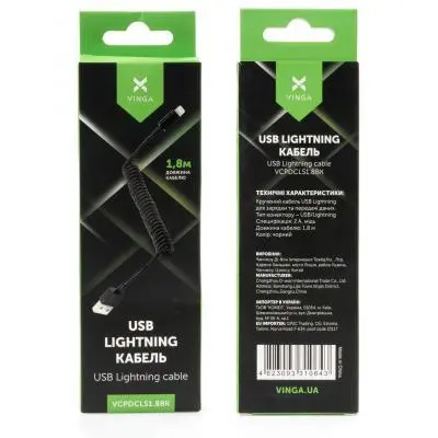 Дата кабель USB 2.0 AM to Lightning 1.8m Spring black Vinga (VCPDCLS1.8BK), фото №4