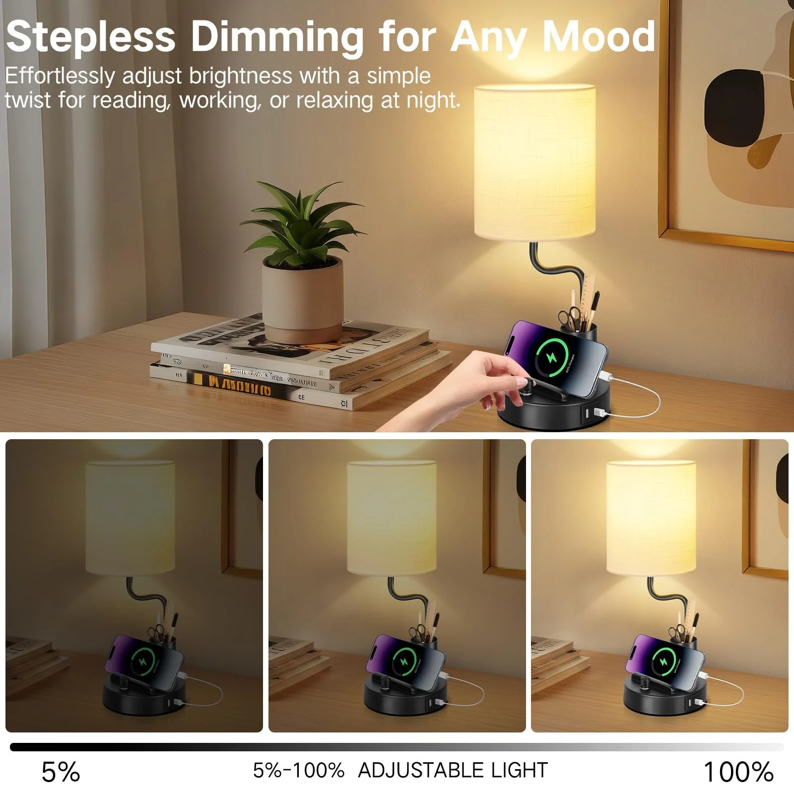 Настільні лампи OUTON набір 2 шт керамічні з USB-A та USB-C 2700K тримач для телефону та ручок Чорна, фото №3