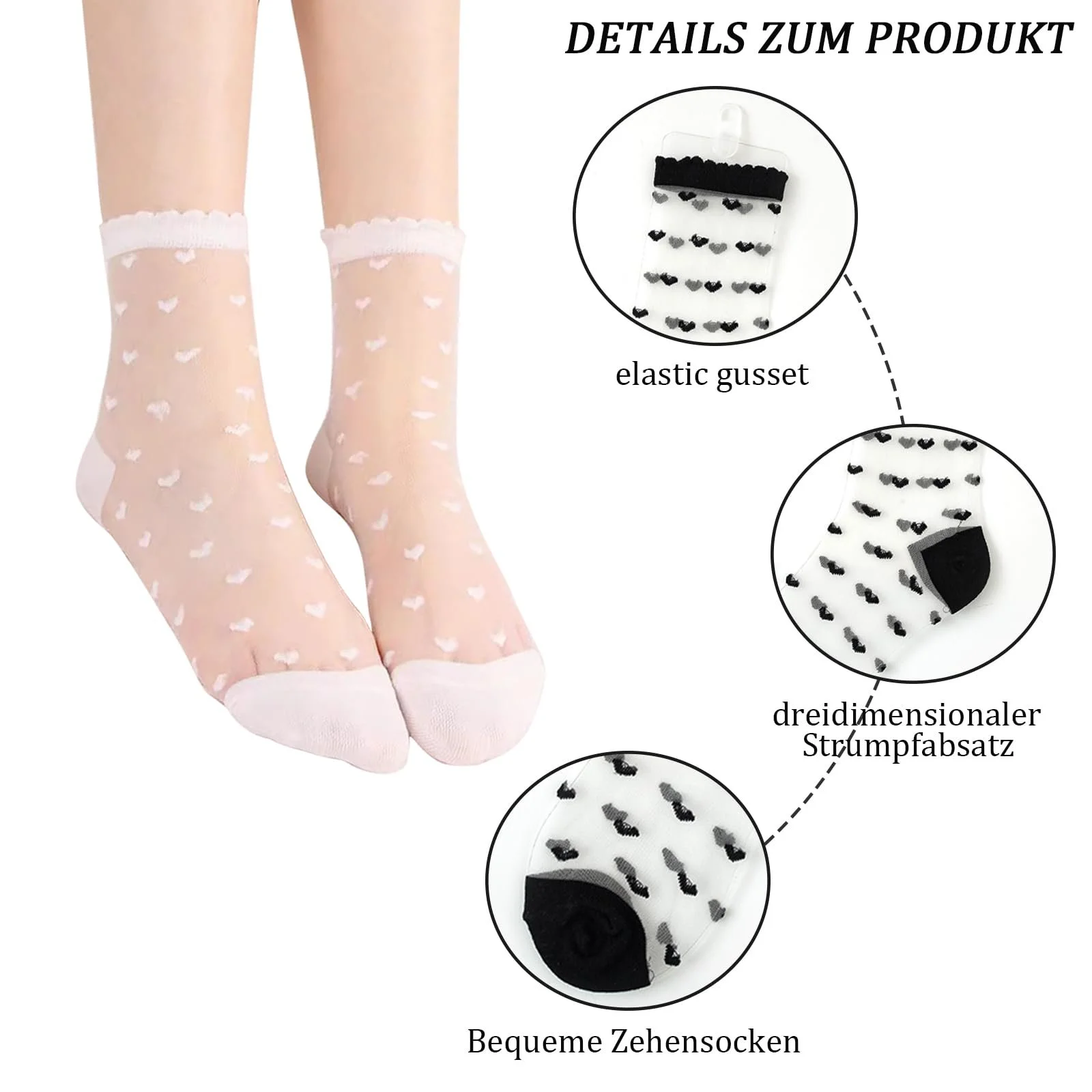 Носки Прозрачные с узором в форме сердца, 6 пар летних носков с рюшами до щиколотки, тонкие чулки, прозрачные сетчатые носки для женщин и девушек Черный + Белый, фото №3