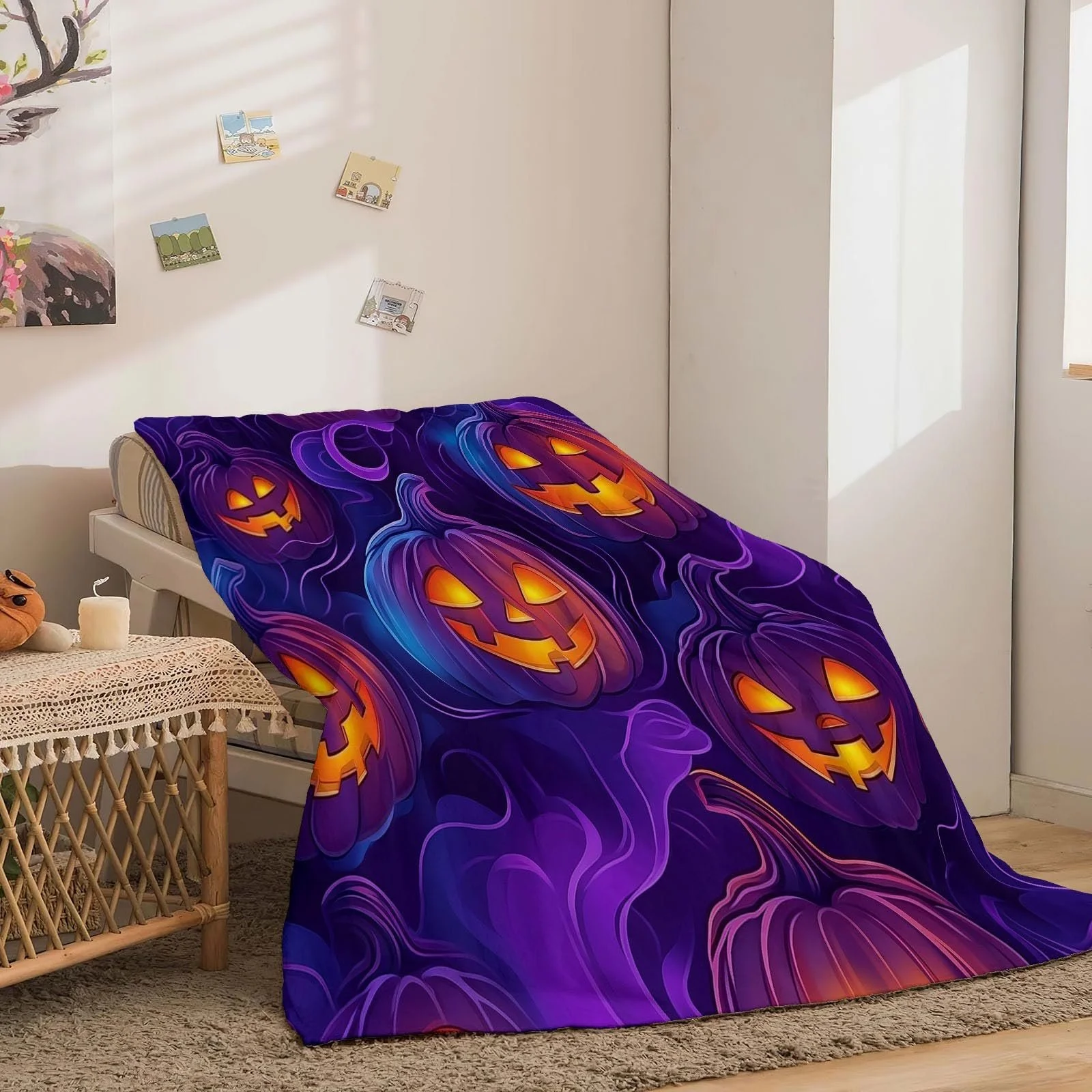 Плюшева м'яка Покривало з ретро-принтом гарбуза з високоякісного фланелевого матеріалу, лілово-помаранчева, 150 x 200 см, фото №3