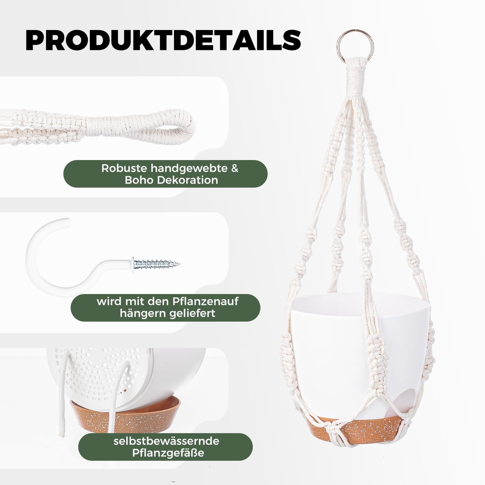 Підвісний кошик макраме Bamworld з 3 горщиками, набір для декору, фото №5