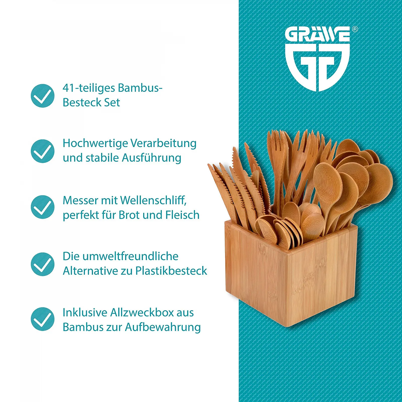 Набір столового приладдя GRÄWE, 41 предмет для 10 осіб, дерев'яне столове приладдя в бамбуковій коробці, екологічно чисте, біорозкладне, фото №2 Набір столового приладдя GRÄWE, 41 предмет для 10 осіб, дерев'яне столове приладдя в бамбуковій коробці, екологічно чисте, біорозкладне, фото №2