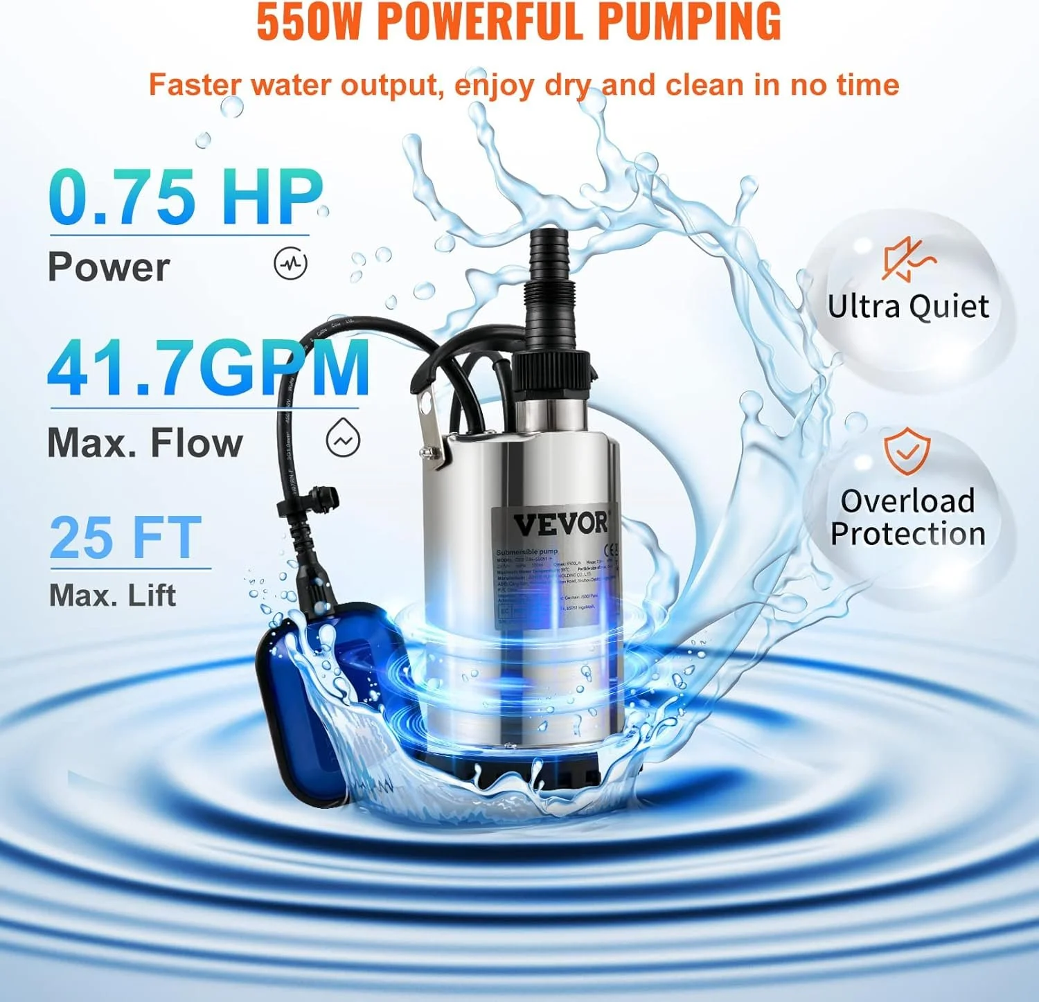 Глибинний насос VEVOR QSB-2JH-55051-F / 550Вт / Нержавіюча сталь / 85м напор / 65л/хв / Срібний, фото №4