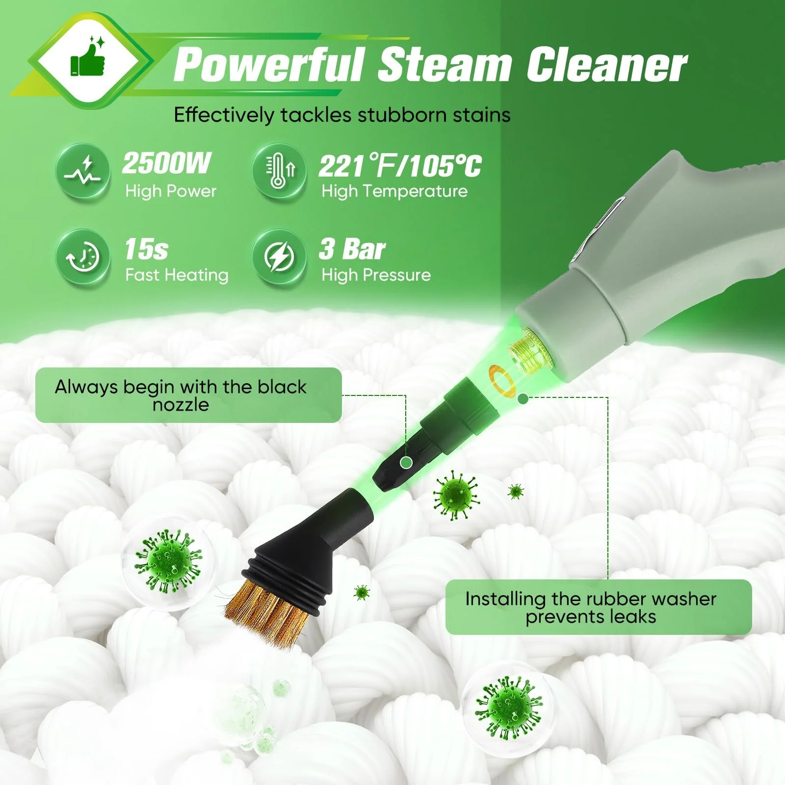 Пароочисник ручний 2500 Вт 1.1 л 6 швидкостей 11 аксесуарів, фото №3 Пароочисник ручний 2500 Вт 1.1 л 6 швидкостей 11 аксесуарів, фото №3