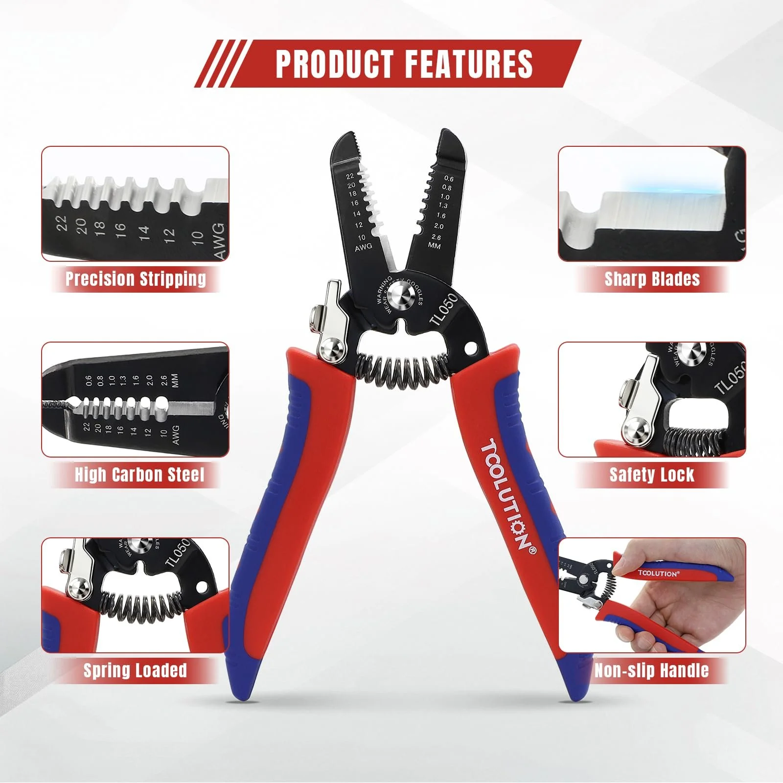 Стриппер-кусачки 5 шт. 10-22 AWG подпружиненный с защитным замком для низкого напряжения, фото №3