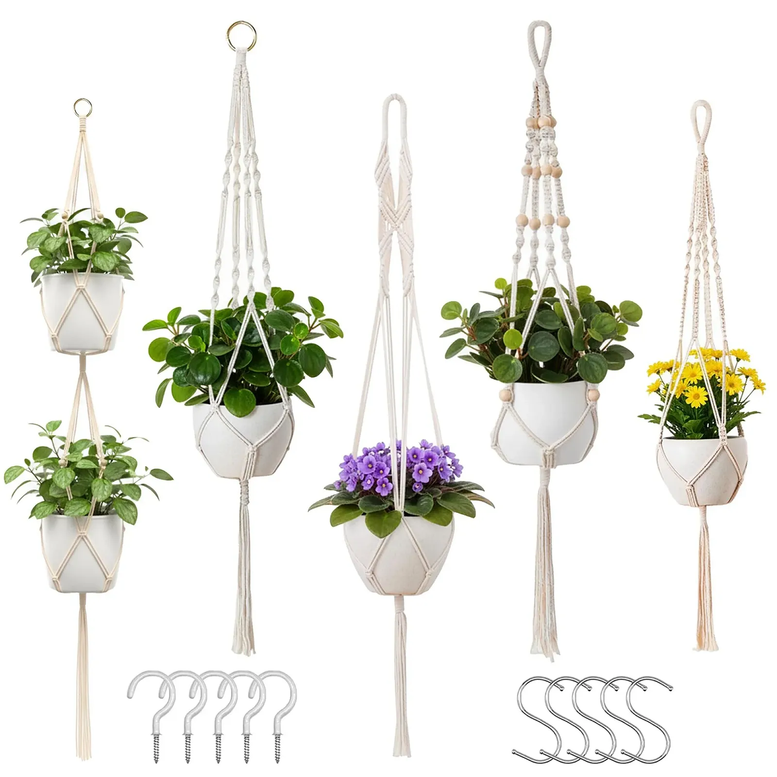 Подвесные корзины Набор 5 шт. хлопковая веревка 10 крючков 2 размера: 4x105 см и 1x140 см, фото №1 Подвесные корзины Набор 5 шт. хлопковая веревка 10 крючков 2 размера: 4x105 см и 1x140 см, фото №1