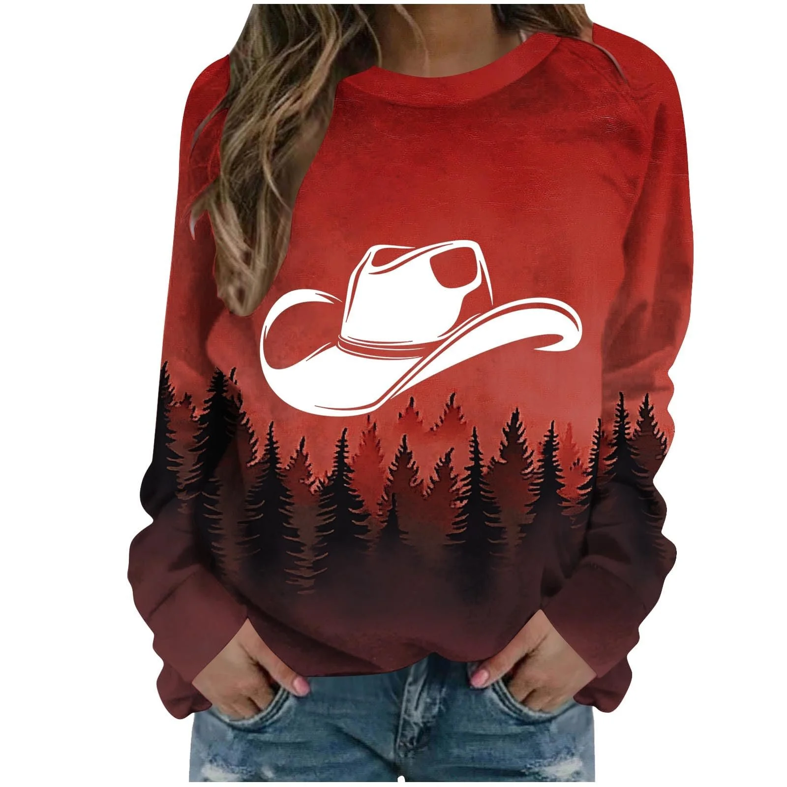 Футболка Lemoiitea Женская Весна Осень Западный ковбойский принт Длинный рукав, фото №1