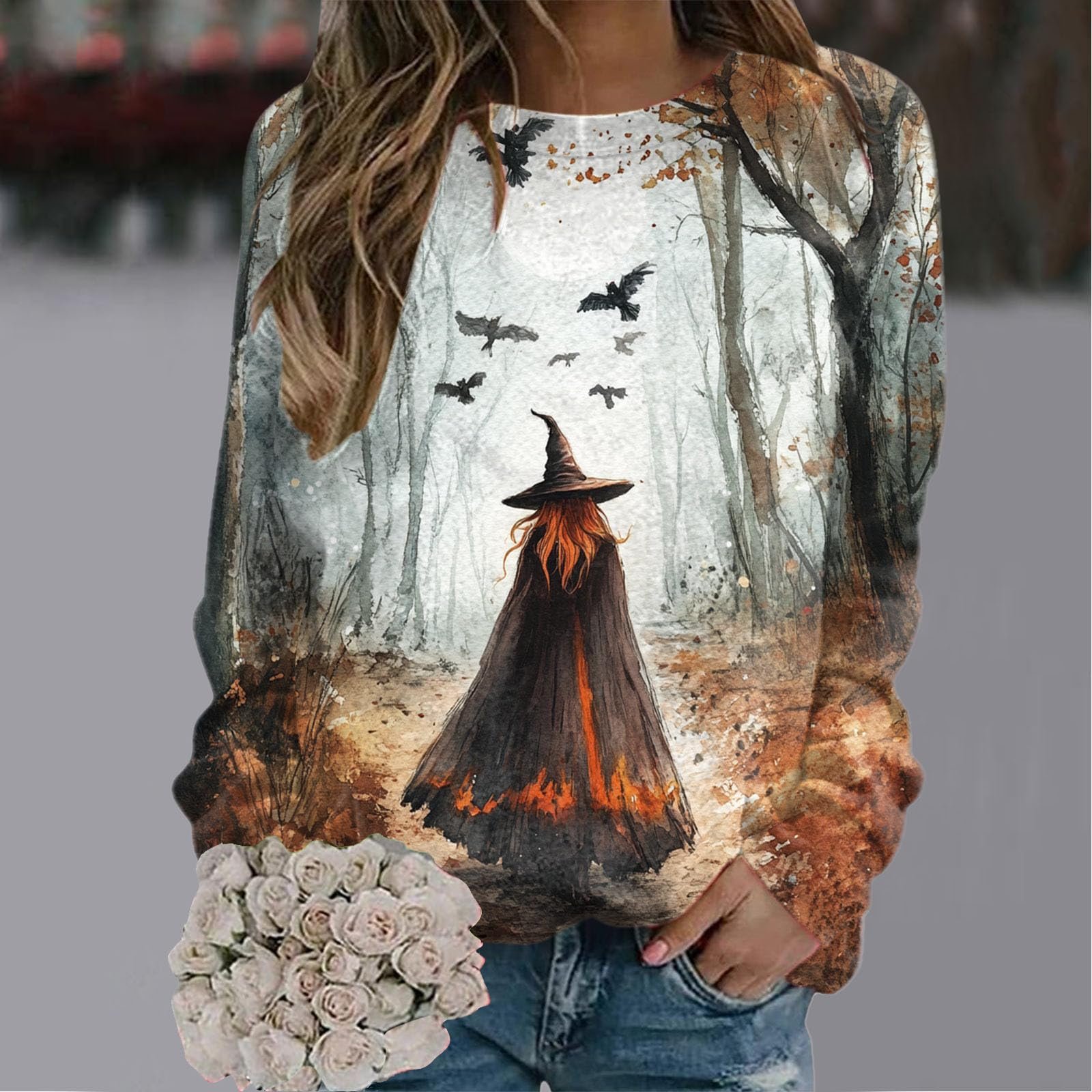 Женский свитшот с принтом ведьмы на Хэллоуин, пуловер без капюшона, джемпер с длинными рукавами и круглым вырезом, фото №2 Женский свитшот с принтом ведьмы на Хэллоуин, пуловер без капюшона, джемпер с длинными рукавами и круглым вырезом, фото №2