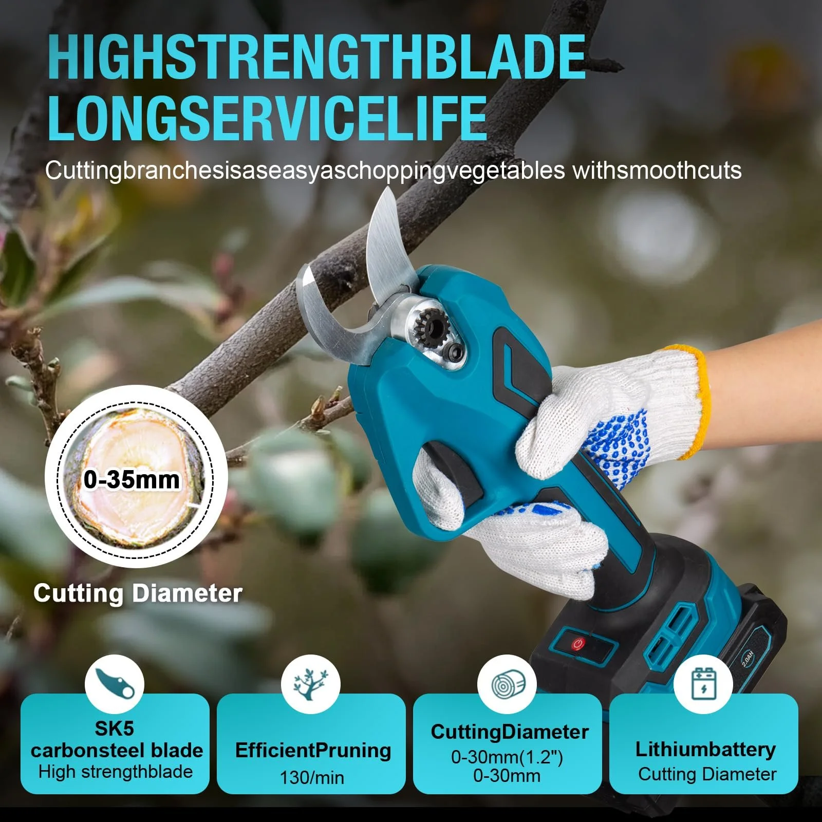 Акумуляторні садові ножиці, max 35 мм, 2 акумулятори 2000 мА·год, фото №2