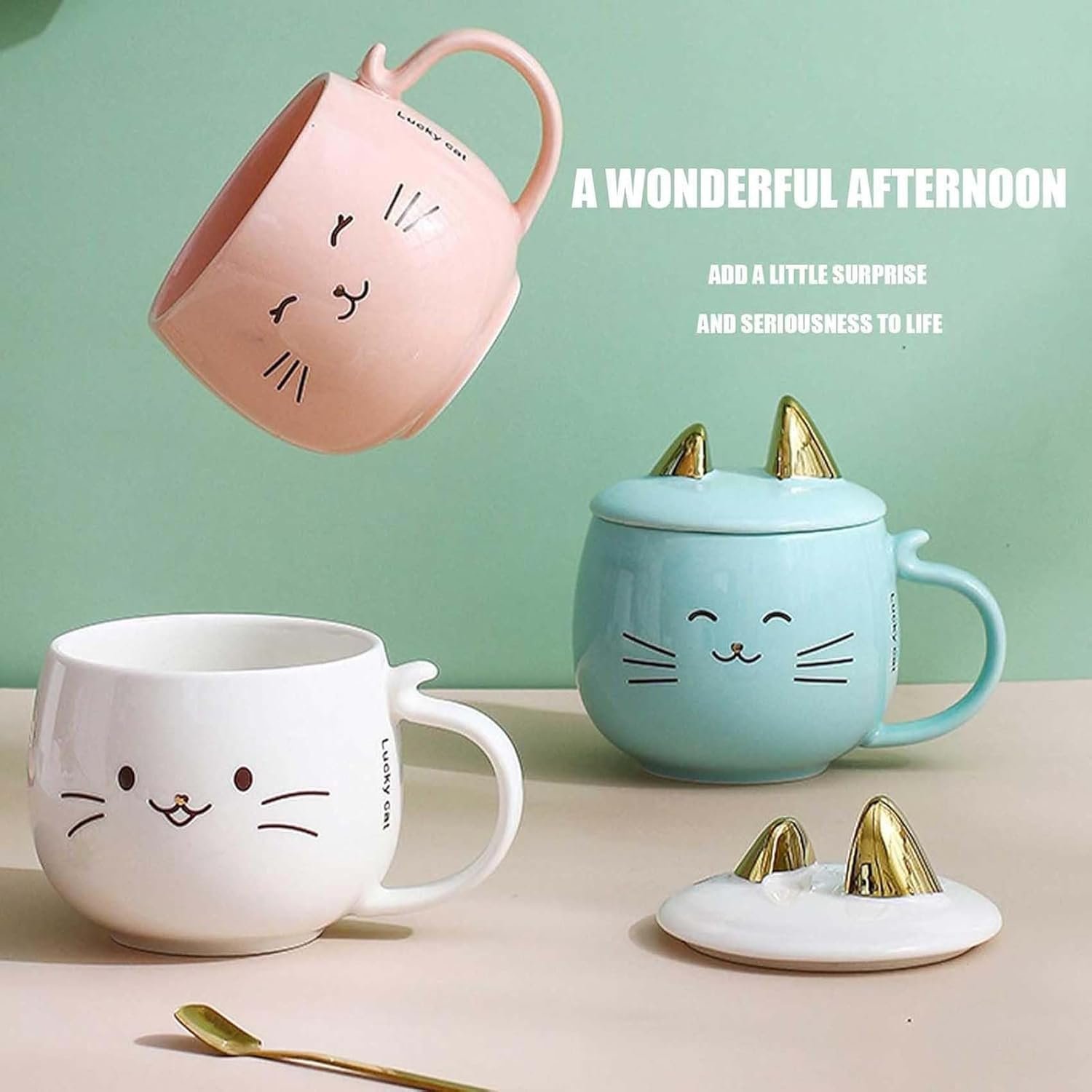 Кухоль керамічний Креативний Тварини Вуха Кришка і ложка 480 мл Рожевий, фото №7