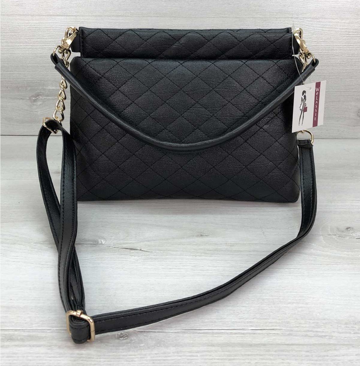 Жіноча чорна сумка на плече з довгим і коротким ременем, з ланцюжком, фото №1