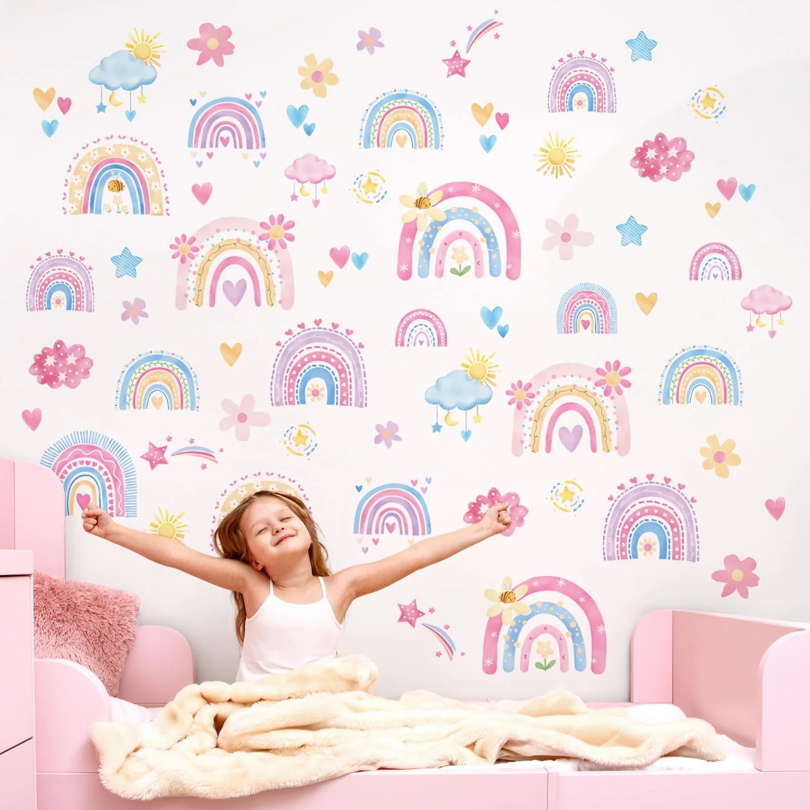 Наклейка на стіну DIY Веселка Квіти Хмари Рожева, фото №2 Наклейка на стіну DIY Веселка Квіти Хмари Рожева, фото №2
