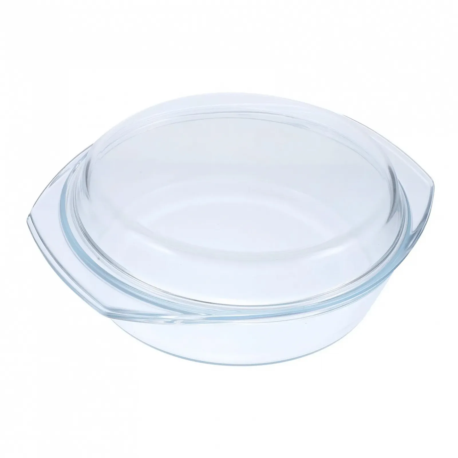 Форма для запікання кругла скляна з кришкою та ручками прозора, фото №1