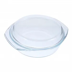 Форма для запікання кругла скляна з кришкою та ручками прозора - Фото 1