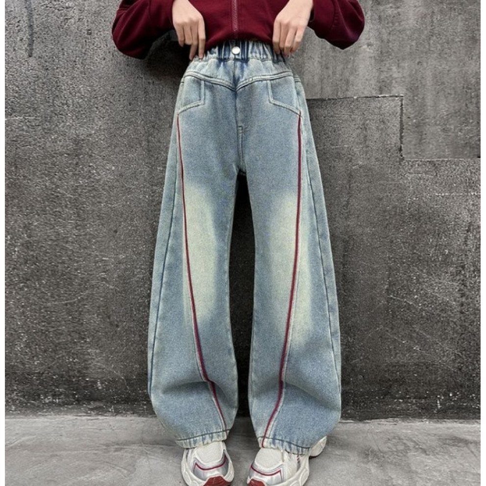 Джинси oversize для дівчинки з червоною смужкою 1201-70 см широкі джинси street style, фото №2