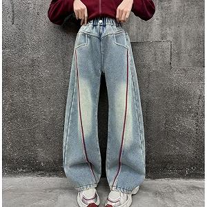 Джинси oversize для дівчинки з червоною смужкою 1201-70 см широкі джинси street style synthetic.ua - Фото 1