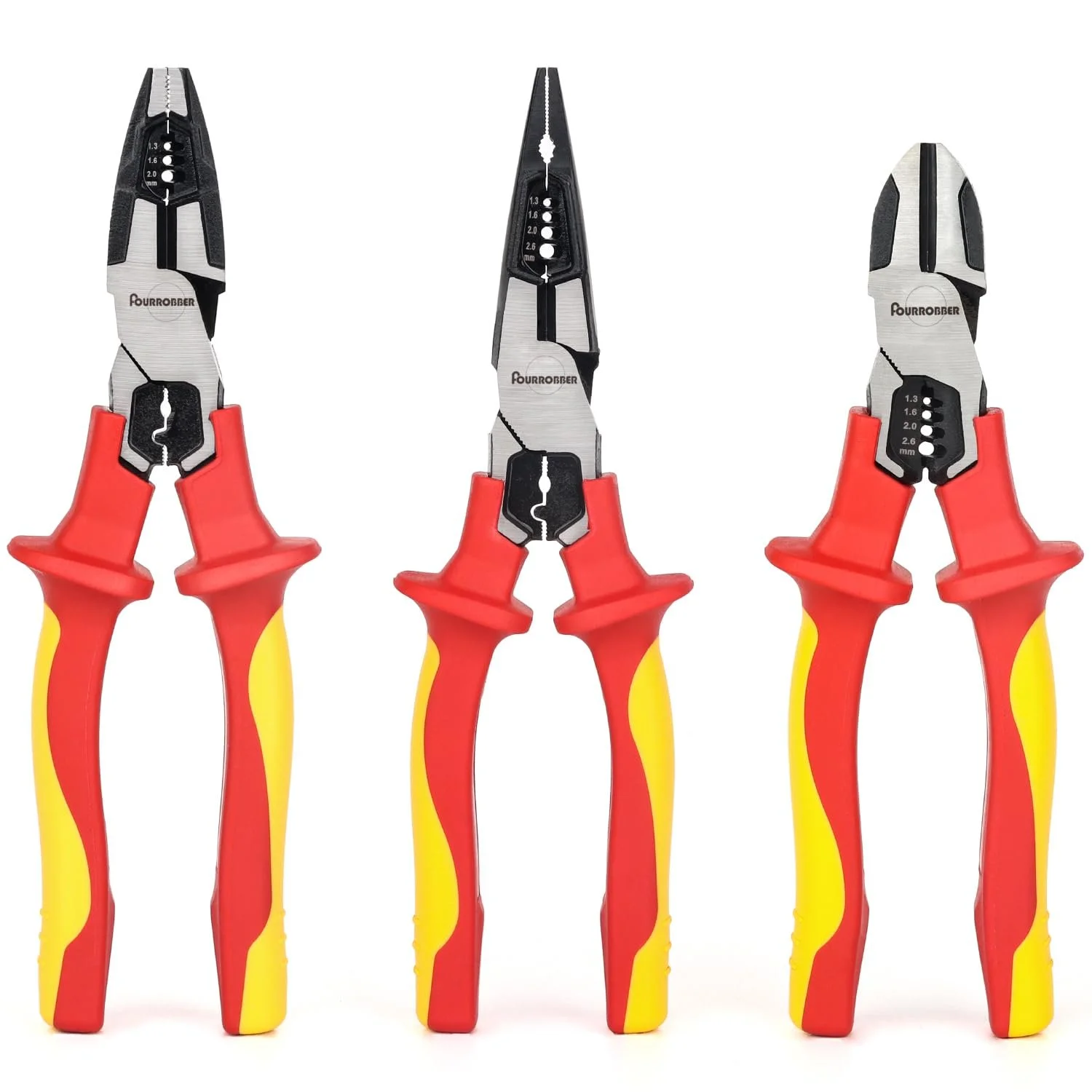Набор плоскогубцев FOURROBBER VDE 1000 V с универсальными плоскогубцами, плоскогубцами с длинным носом и боковыми кусачками, нескользящая резиновая ручка, 190-205 мм, фото №1 Набор плоскогубцев FOURROBBER VDE 1000 V с универсальными плоскогубцами, плоскогубцами с длинным носом и боковыми кусачками, нескользящая резиновая ручка, 190-205 мм, фото №1