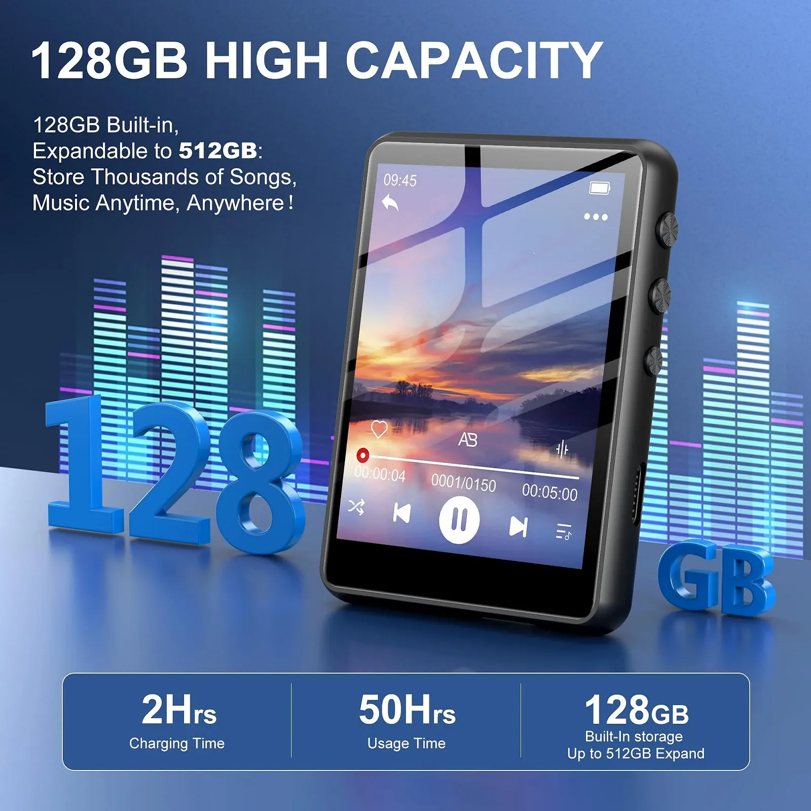 MP3-плеєр SWOFY 128GB, Bluetooth 5.3, 2.4-дюймовий сенсорний екран, HiFi звук, вбудований динамік, запис, FM-радіо, розширення до 512 GB, дитячий, Чорний, фото №4