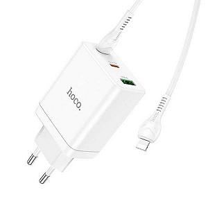 Сетевое зарядное устройство с кабелем HOCO N33 Start three-port PD35W C to iP Белое - Фото 1