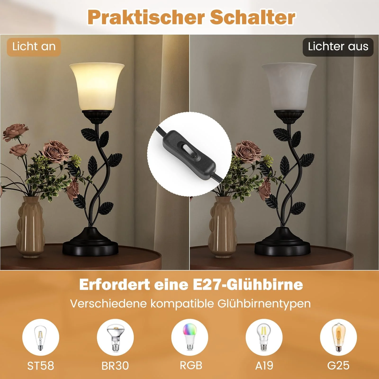 Настільна лампа RELAX4LIFE Flower зі скляним плафоном у формі тюльпана та металевим листям, фото №3