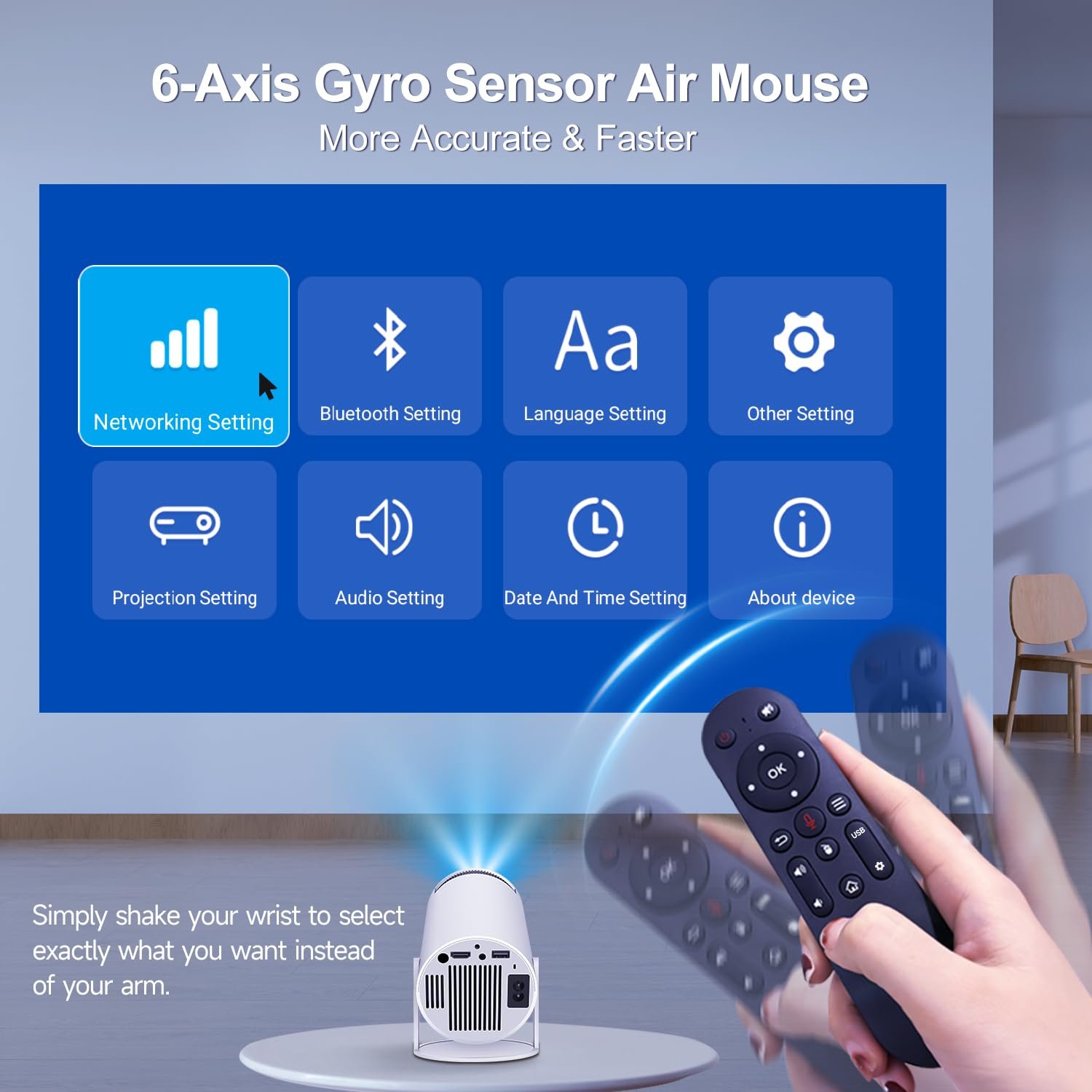Міні-проєктор 4K Android 11, Smart Projector 5G WiFi 6 BT 5.0, Mini Projector Full HD 1080P 200ANSI 8000L Автоматична горизонтальна корекція трапеції Білий, фото №6