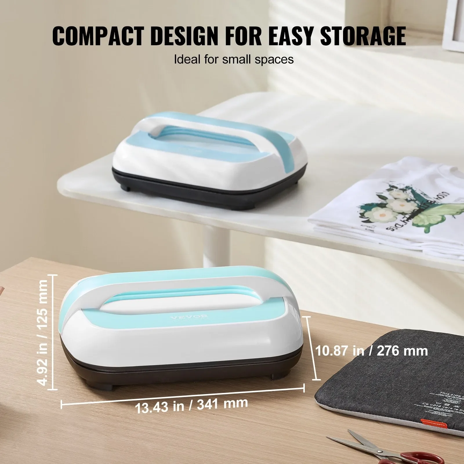Термопрес VEVOR SS1210 портативний / 800 Вт / 341 х 276 мм / 205 ℃ / Автовимкнення / Білий-синій, фото №9
