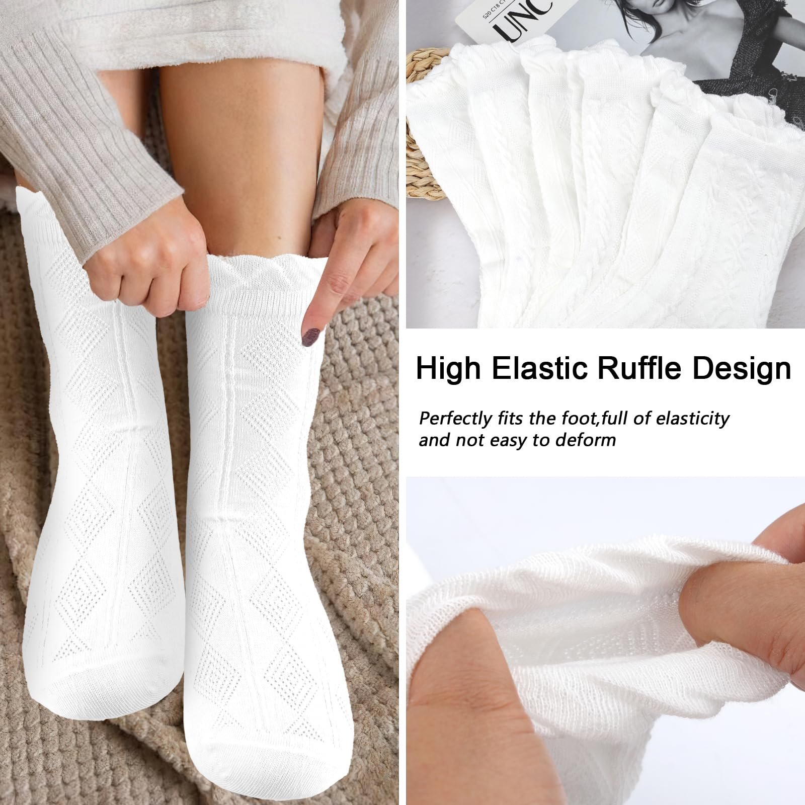 Набор носков с оборками, 6 пар Белые хлопковые носки с оборками для женщин, Удобные носки с оборками средней высоты, Мягкие дышащие трикотажные носки с ромбовидным и цветочным узором, фото №4