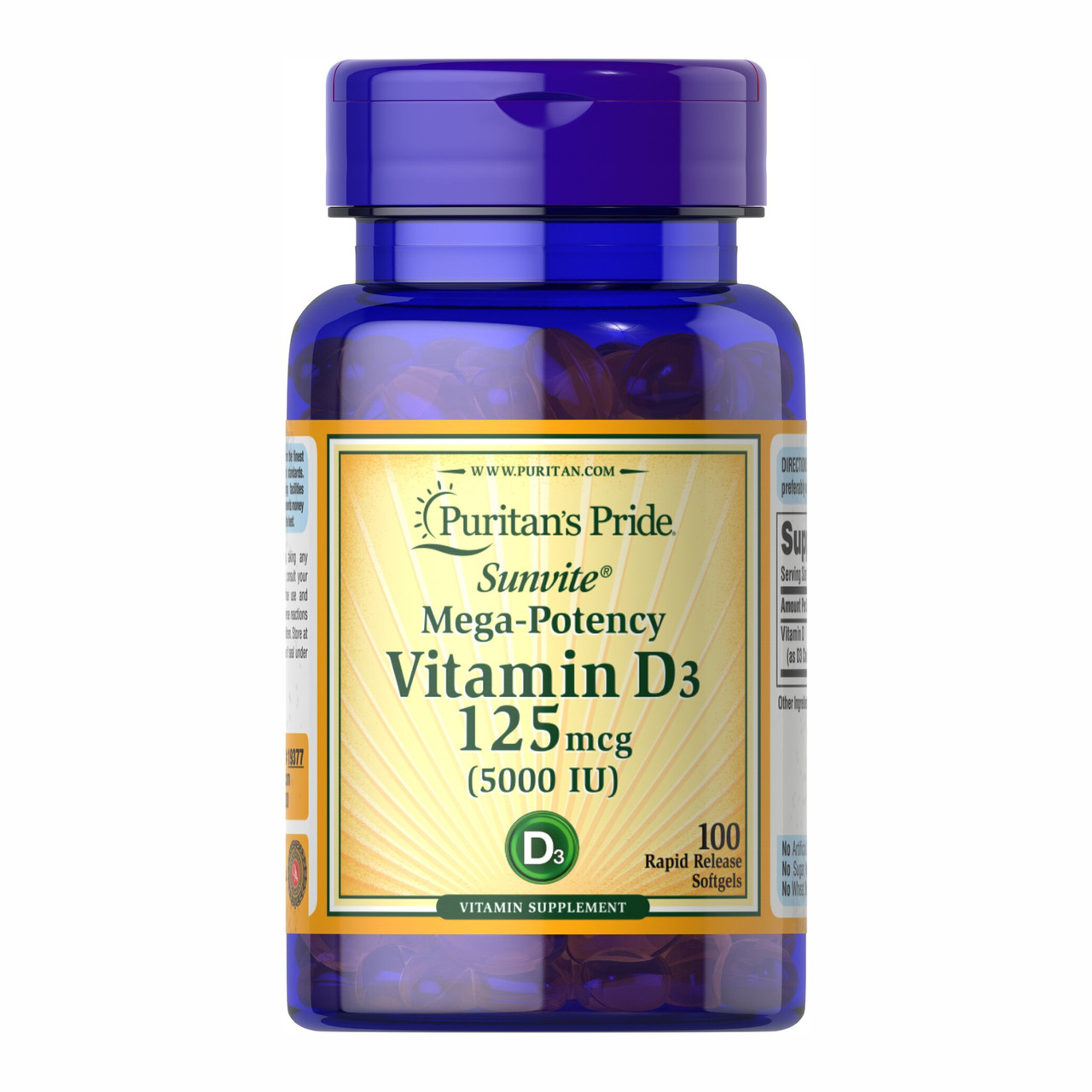 Vitamin D-3 125mcg 5000 IU Sunvite Mega Potency 100 tabs, фото №1