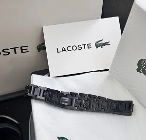 Мужской браслет на руку Lacoste черный брендовый из нержавеющей стали в подарочной упаковке - Фото 1