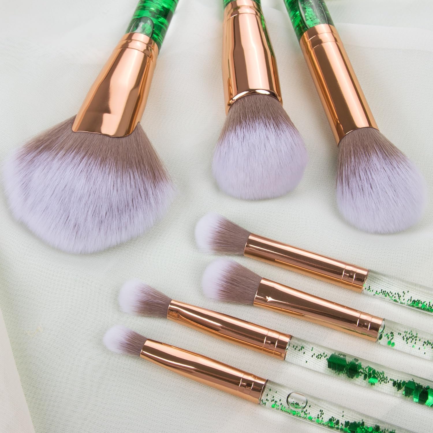 Набір кистей для макіяжу Fashion 7 шт. Matcha Green з косметичкою для змішування пудри, для очей, обличчя, кисті з блискітками, набір інструментів для макіяжу, кисті з кришталевою ручкою, фото №3