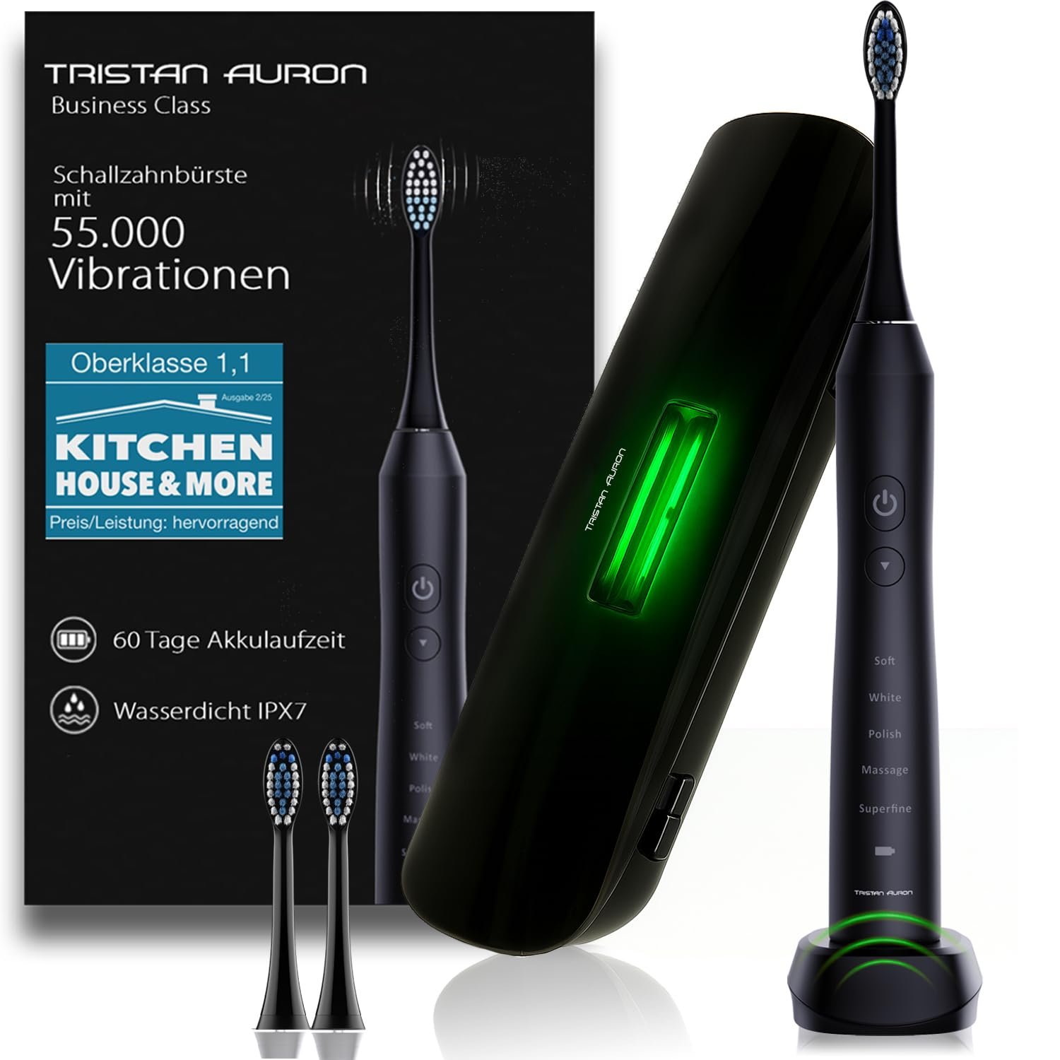 Звукова зубна щітка Tristan Auron UV Case 60 днів автономної роботи Чорна, фото №1